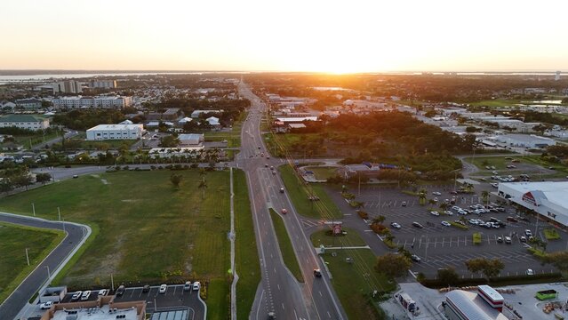 sunset aerial of Highway 301 in Palmetto, ,Florida toward the Gulf