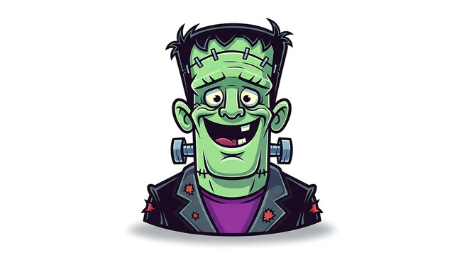 A cartoon illustration of frankenstein's monster with green skin and a black leather jacket on a white background