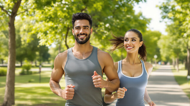 Pareja hispana atl&eacute;tica corriendo juntos en el parque con ropa deportiva ajustada
