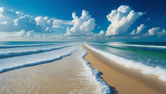 Serene beach vista with rolling waves and dramatic sky