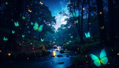 Obraz premium A serene, nocturnal forest scene with luminescent butterflies and a glimmering stream, bathed in a magical moonlight.