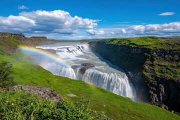 Gullfoss Waterfall in Iceland with a Vibrant Rainbow and Lush Greenery Under a Partly Cloudy Blue Sky