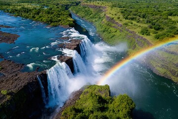 Majestic Victoria Falls Aerial View with Vibrant Rainbow Displaying Natural Wonder and Power