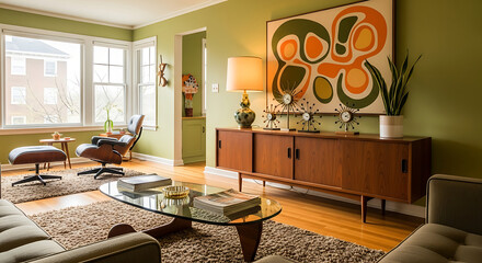 A mid century modern living room with green walls and a large abstract painting on the wall above cabinet