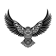 Obraz premium Tribal-style eagle design with wings outstretched, intricate detailing, black and white.