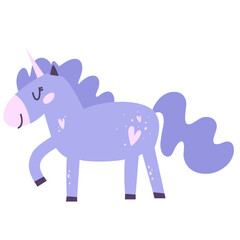 Cute Handdrawn Purple Unicorn with Hearts and Star Magic Creature Illustration