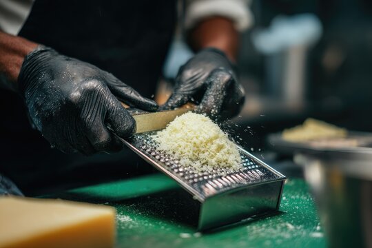 Chef in black gloves grates cheese on a box grater - Powered by Adobe