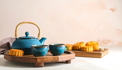 A wooden tray holds a vibrant blue teapot, teacups, and traditional mooncakes, arranged against a soft peach-toned backdrop.