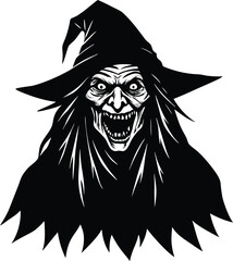 Black Halloween Witch Silhouette Scary Ugly Hag Vector Illustration Isolated on Transparent Background