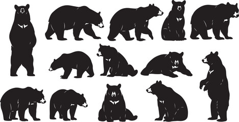 Fototapeta premium Collection of black bear silhouettes in various standing and sitting poses on a white background
