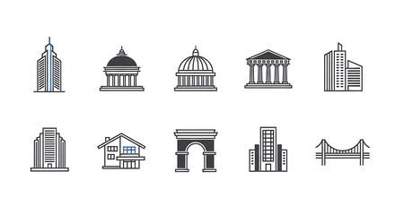 A collection of architectural icons representing buildings bridges and monuments in a simple line style