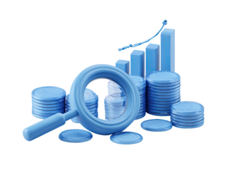 Light-blue magnifying glass focuses on a stack of coins and bar graph, suggesting financial analysis