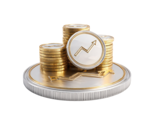 Stacks of golden coins, topped with a silver coin displaying an upward trend graph, sit atop a larger silver coin base. Financial growth, investment, and prosperity concept