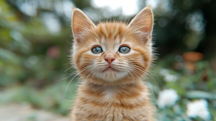 Ginger kitten, cute and charming. Portrait of a little feline