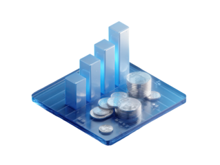 Isometric graphic of a rising bar graph with stacks of coins, set on a transparent, light-blue platform