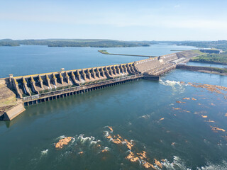 Aerial view of the Tucurui hydroelectric power plant, a major energy-generating facility located on the Tocantins river in Para state, Brazil. One of the largest hydroelectric plants in South America
