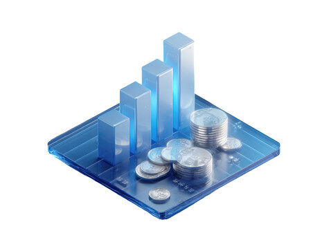 Isometric graphic of a rising bar graph with stacks of coins, set on a transparent, light-blue platform
