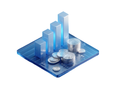 Isometric graphic of a rising bar graph with stacks of coins, set on a transparent, light-blue platform