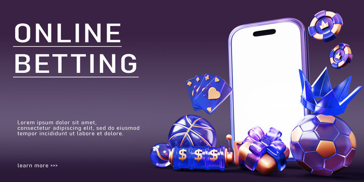 Online betting 3d banner. Casino or sport bet in mobile app. Smartphone screen mockup with neon poker chips, glass cards, slot machine, soccer ball, crown, gold gift box on purple bg. 3D illustration