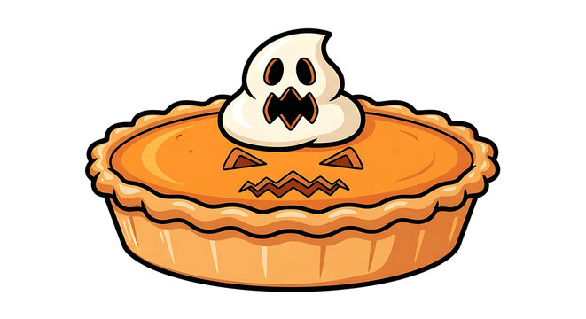 A cartoon pumpkin pie with a decorative ghost on top and a jack o lantern face carved into the pie