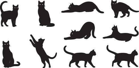 Collection of black cat silhouettes in various playful poses and stretches