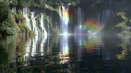 Dynamic ultra-wide shot of a colossal waterfall, where water is replaced by a cascade of liquid stardust and shattered rainbows, crashing into a perfectly still, mirror-like lake below. 