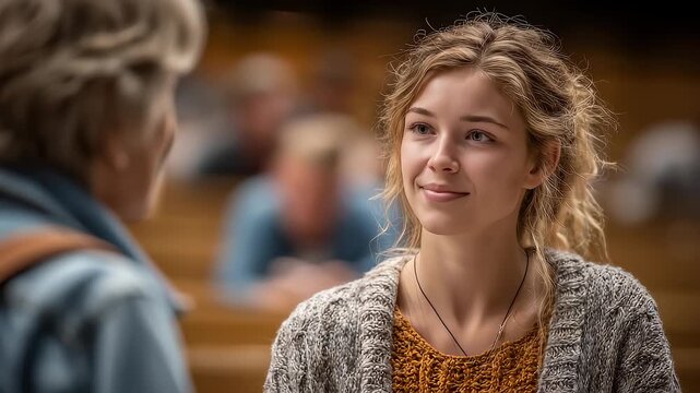 Smiling Girl Talking in Classroom Sunlight