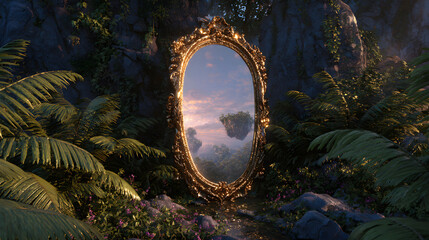 A large, ornate golden mirror with a vintage frame leans against a giant fern in a dark, enchanted forest. 