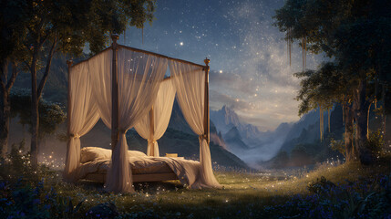 A beautiful wide landscape shot of an elegant four-poster bed with starlight drapes. 