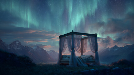 A beautiful wide landscape shot of an elegant four-poster bed that is actively weaving the aurora borealis above it with drapes made of liquid starlight. 