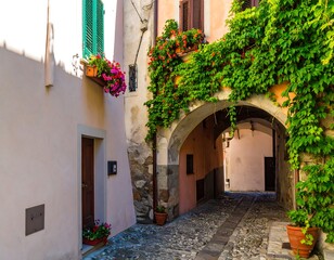Fototapeta premium Picturesque Italian alleyway with flowers and vines