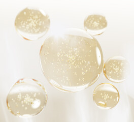 3d gold liquid gel cream oil drops texture. Floating cosmetic spheres with bubbles on light background. Yellow serum, retinol vitamin, hyaluronic essence, glycolic acid for skin care. 3D illustration