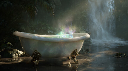A classic clawfoot bathtub carved from a single piece of polished, glowing moonstone. It's filled with water that shimmers like liquid galaxy, and a shimmering