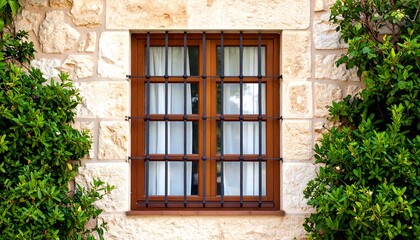 Stone wall window with brown wooden frame