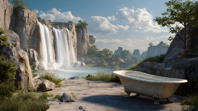 Using a wide-angle lens perspective, a classic clawfoot bathtub carved from moonstone sits in the foreground on the right, beside a serene waterfall. 