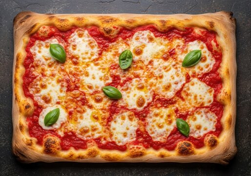 Rectangular Margherita Pizza with Mozzarella and Basil &ndash; Top View on Dark Stone