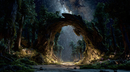 
Epic ultra-wide shot of the entrance to the forest: a colossal, ancient archway formed by two intertwined trees made of petrified starlight. The pathway beyond the arch pulses with a soft