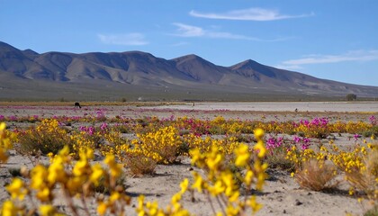 Atacama Desert Bloom: Vibrant wildflowers cover arid landscape in Chile during flowering