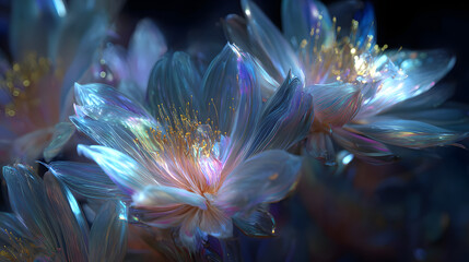 Intimate macro shot with a shallow depth of field, focusing on a cluster of exotic, otherworldly flowers. Their petals are made of translucent, fibrous crystal