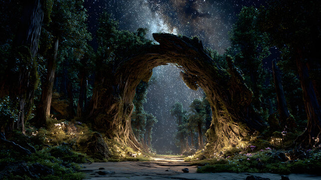 
Epic ultra-wide shot of the entrance to the forest: a colossal, ancient archway formed by two intertwined trees made of petrified starlight. The pathway beyond the arch pulses with a soft