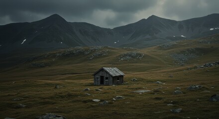 A lone cabin in a vast, windy mountain landscape. Cinematic still from a 1970s arthouse film, high contrast, gritty film grain, textured feel.