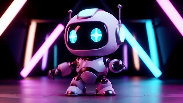 Futuristic cute mecha robot character, a small android with bright glowing eyes against a backdrop of vibrant neon lights.