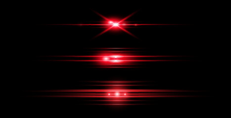 Red light effect reflections, neon illumination in red colors. Bright light lens. Police light effects, lines. Shiny stars, glowing sparks on a black background.