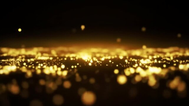 A mesmerizing abstract background of shimmering golden bokeh lights creating a magical and festive atmosphere against a dark, mysterious night sky.