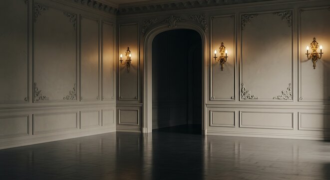 Empty room with opulent classic corridor boasts intricate wall paneling, reflective flooring, and ornate vintage sconces, encapsulating timeless elegance within a luxurious mansion.