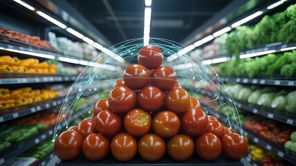 Red tomatoes arranged in pyramid with digital network overlay