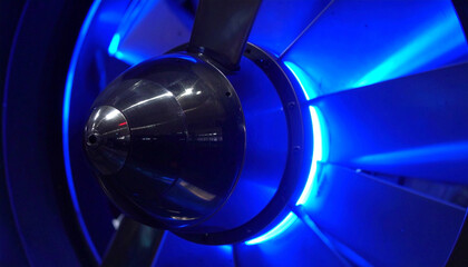 Illuminated Turbine Engine: A close-up shot unveils the sleek, metallic contours of a turbine engine's interior, illuminated by an ethereal blue glow.