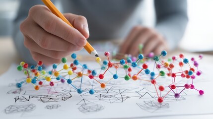Close-up of a person's hand using a yellow pen to write on a white covered with colorful confetti and small paper hearts, creating a festive and cheerful atmosphere