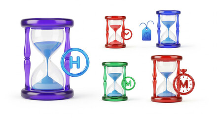 Fototapeta premium Set of 3D Hourglass Icons with Time Symbols on Isolated transparent background
