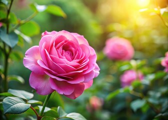 Vibrant pink rose blooms and lush greenery surround each other on a sunny summer garden bush